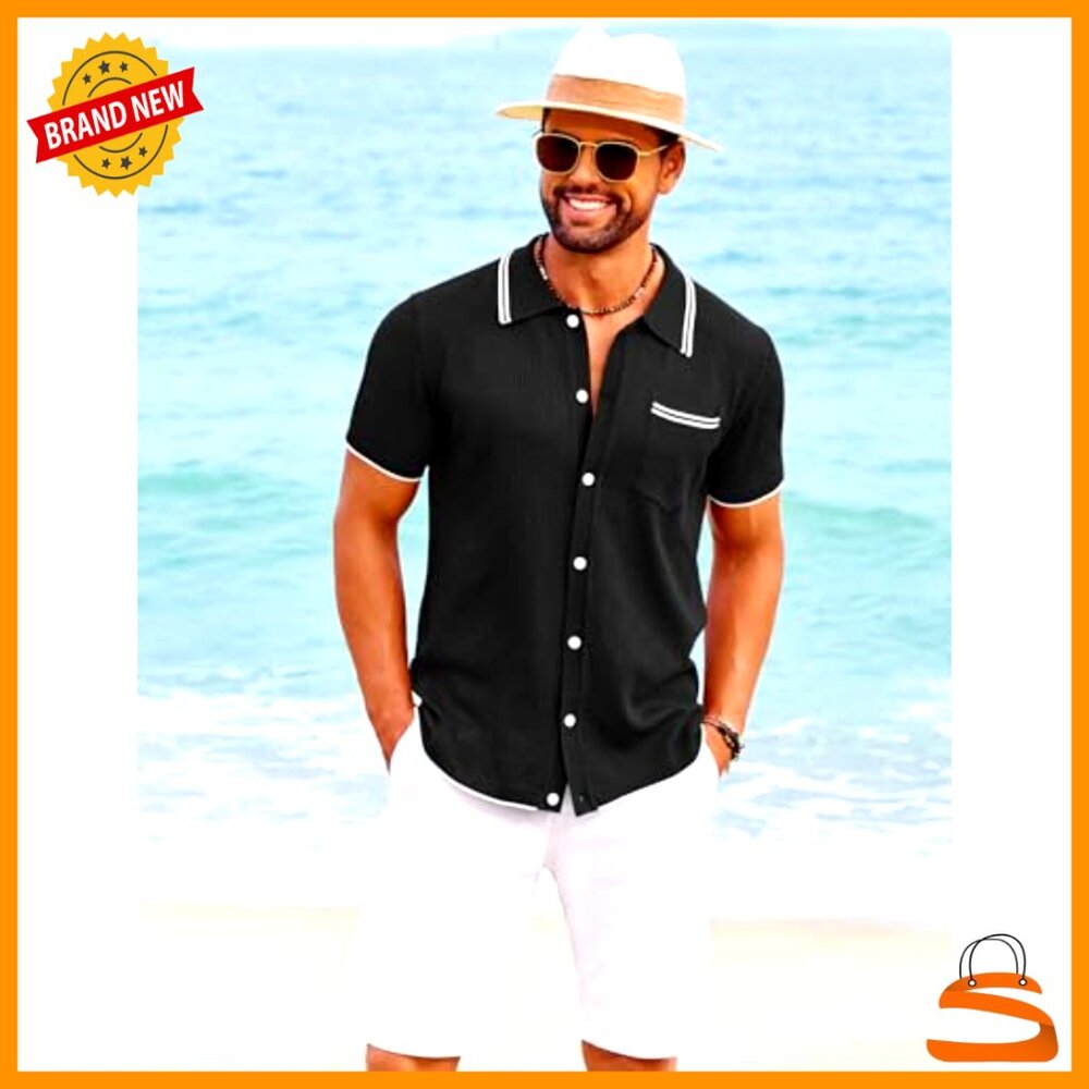 Vintage Knit Polo Shirt Short Sleeve Classic Preppy Summer Beach Casual Wear - Picture 3 of 7